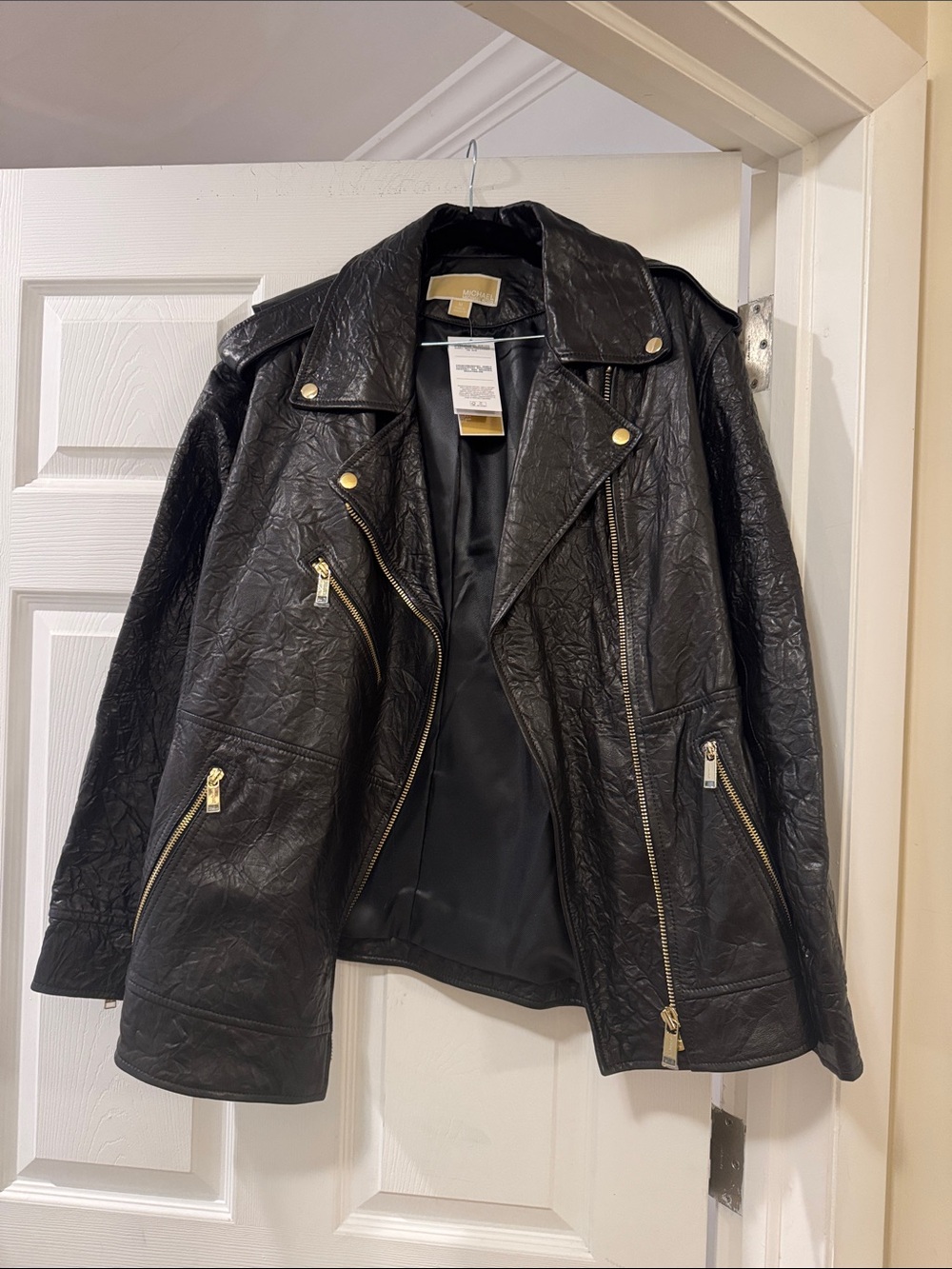 Michael Kors Black Faux Leather Moto Jacket with Gold Hardware Accents